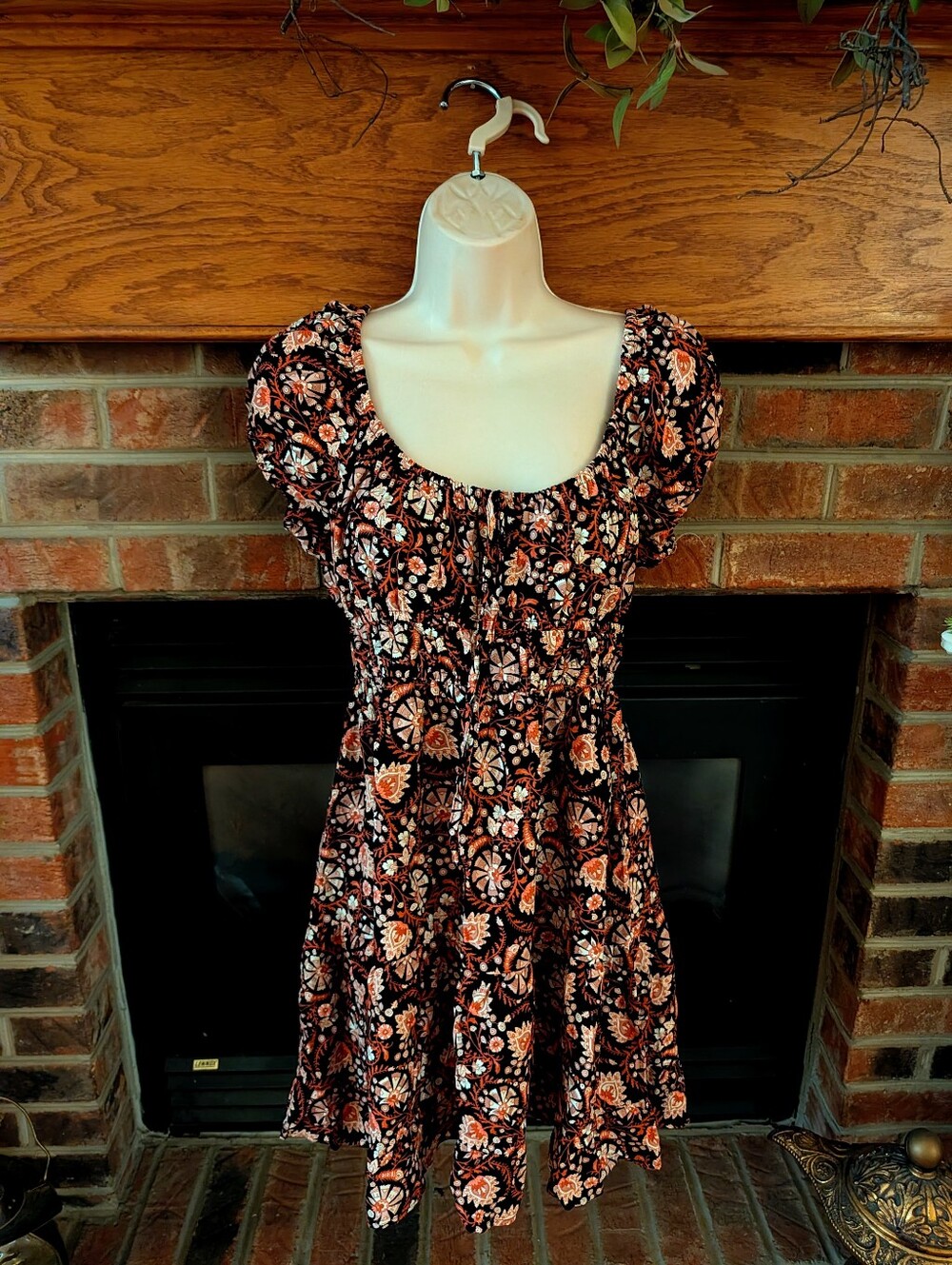 Ultra Flirt Brown Mini Dress with Rust and Cream Paisley Print Size Medium